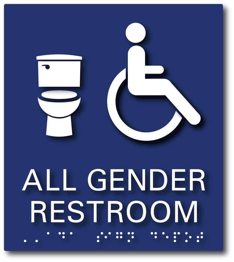 A Blue all gender restroom sign that includes an icon of a toilet and an accessible icon of a person in a wheelchair